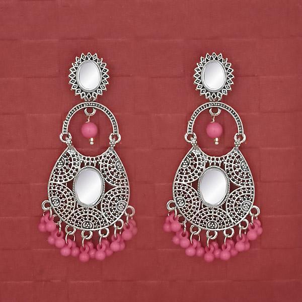 Jeweljunk Silver Plated Pink Beads Mirror Dangler Earrings - 1314747K