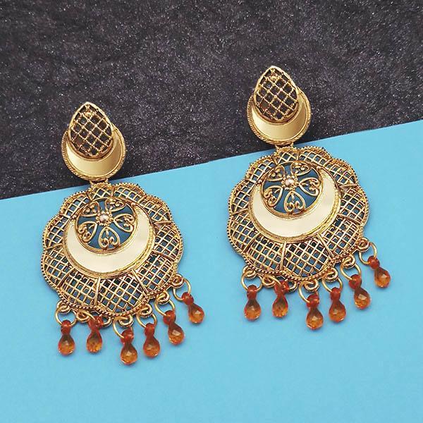 Jeweljunk Gold Plated Brown Beads Mirror Dangler Earrings - 1314798G