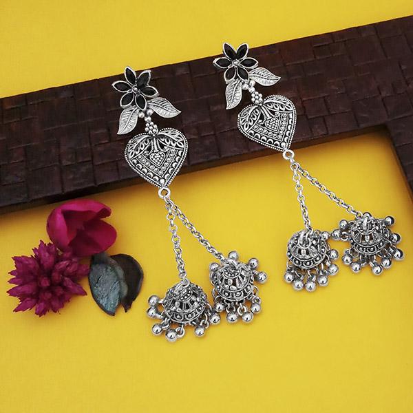 Jeweljunk Oxidised Plated Black Stone Chain Jhumki Earrings