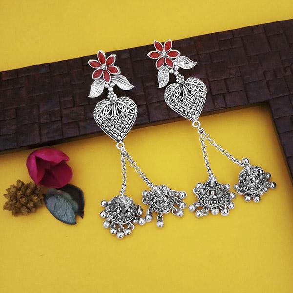 Jeweljunk Oxidised Plated Red Stone Chain Jhumki Earrings