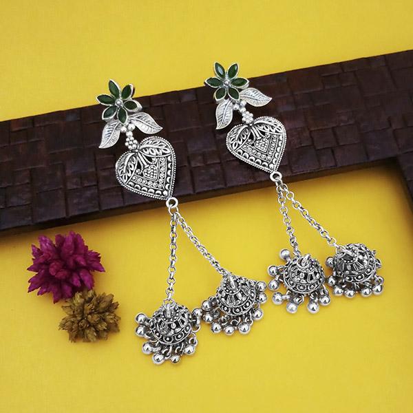 Jeweljunk Oxidised Plated Green Stone Chain Jhumki Earrings