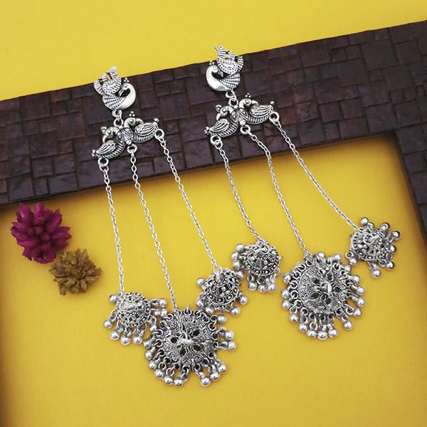 Jeweljunk Oxidised Plated Three Line Chain Peacock Jhumki Earrings