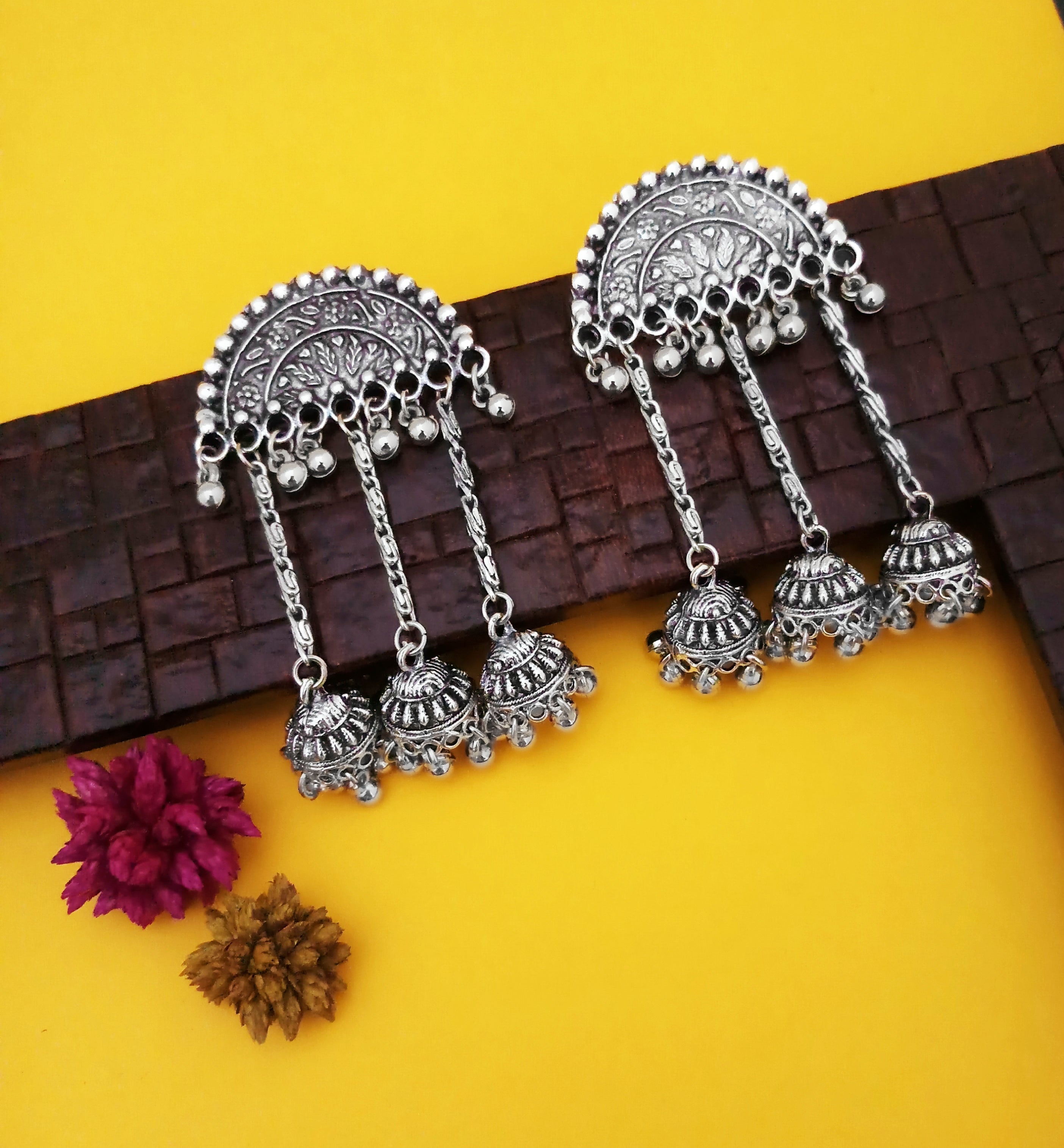 Jeweljunk Oxidised Plated Chain Jhumki Earrings