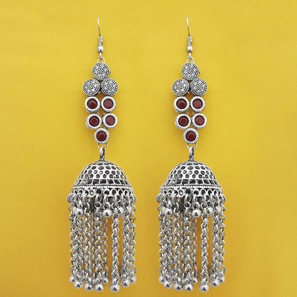 Jeweljunk Oxidised Plated Maroon Stone Jhumki Earrings