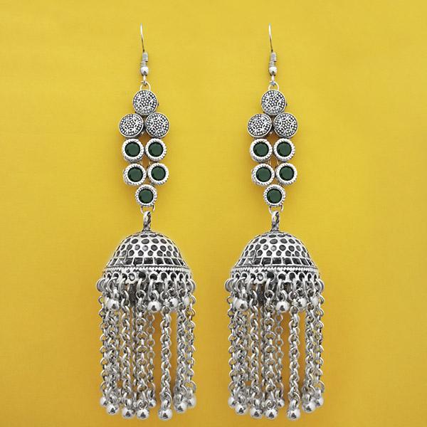 Jeweljunk Oxidised Plated Green Stone Jhumki Earrings