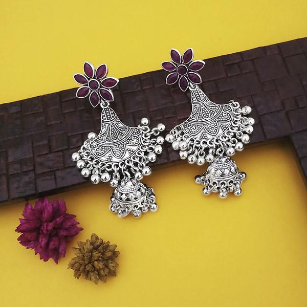 Jeweljunk Oxidsed Plated Purple Stone Floral Design Jhumki Earrings
