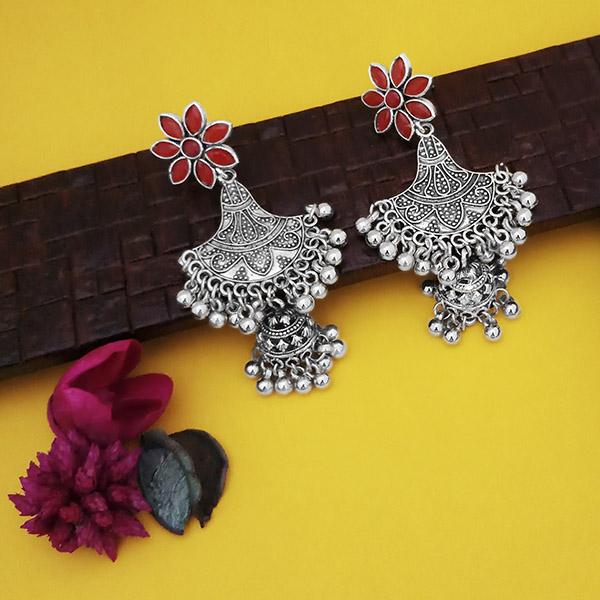 Jeweljunk Oxidsed Plated Red Stone Floral Design Jhumki Earrings
