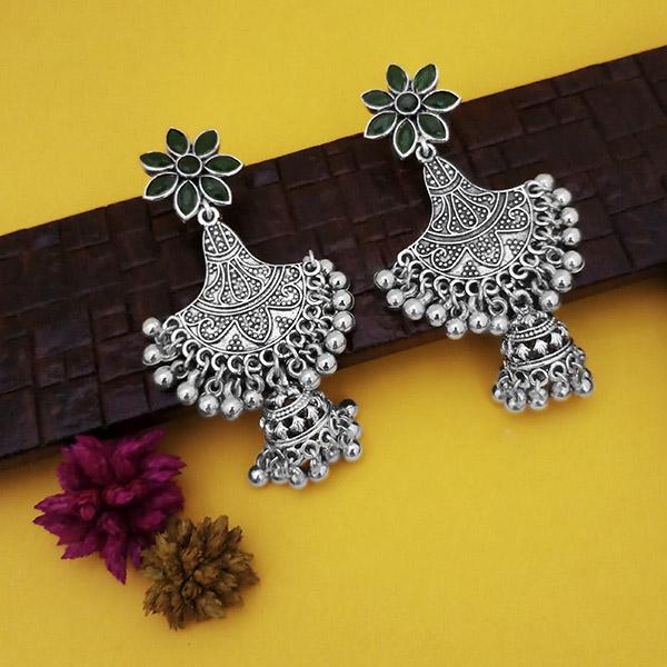 Jeweljunk Oxidised Plated Green Stone Floral Design Jhumki Earrings