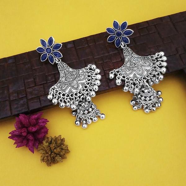Jeweljunk Oxidised Plated Blue Stone Floral Design Jhumki Earrings