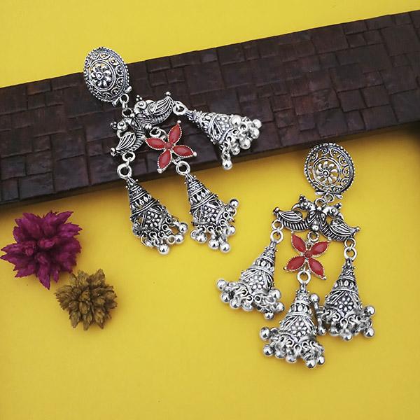 Jeweljunk Oxidised Plated Red Stone Jhumki Earrings