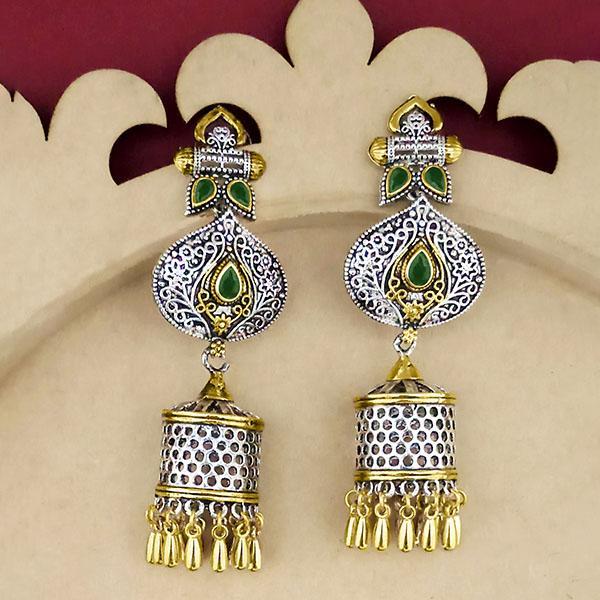 Jeweljunk Green Stone Two Tone Plated Dangler Earrings