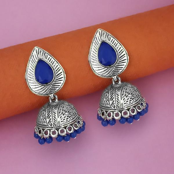Tip Top Fashions Blue Beads Rhodium Plated Jhumki Earrings - 1315336D