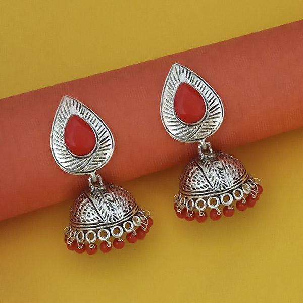 Jeweljunk Red Beads Rhodium Plated Jhumki Earrings - 1315336F