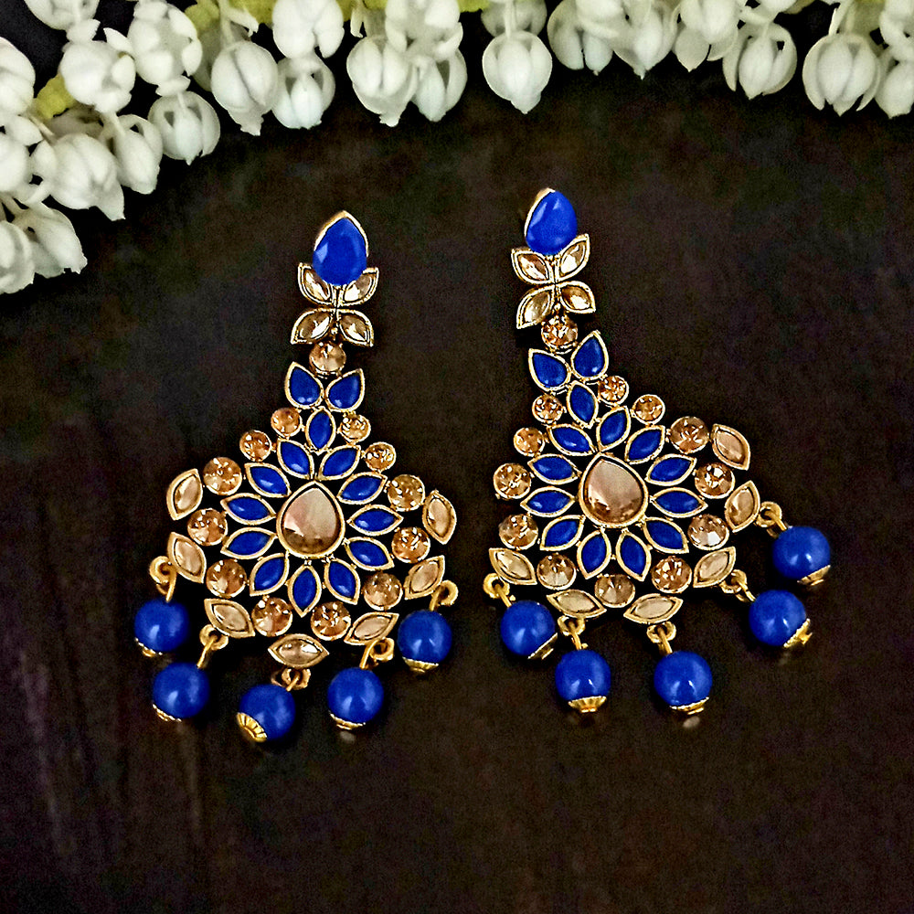 JD Arts Gold Plated Kundan Blue Dangler Earrings