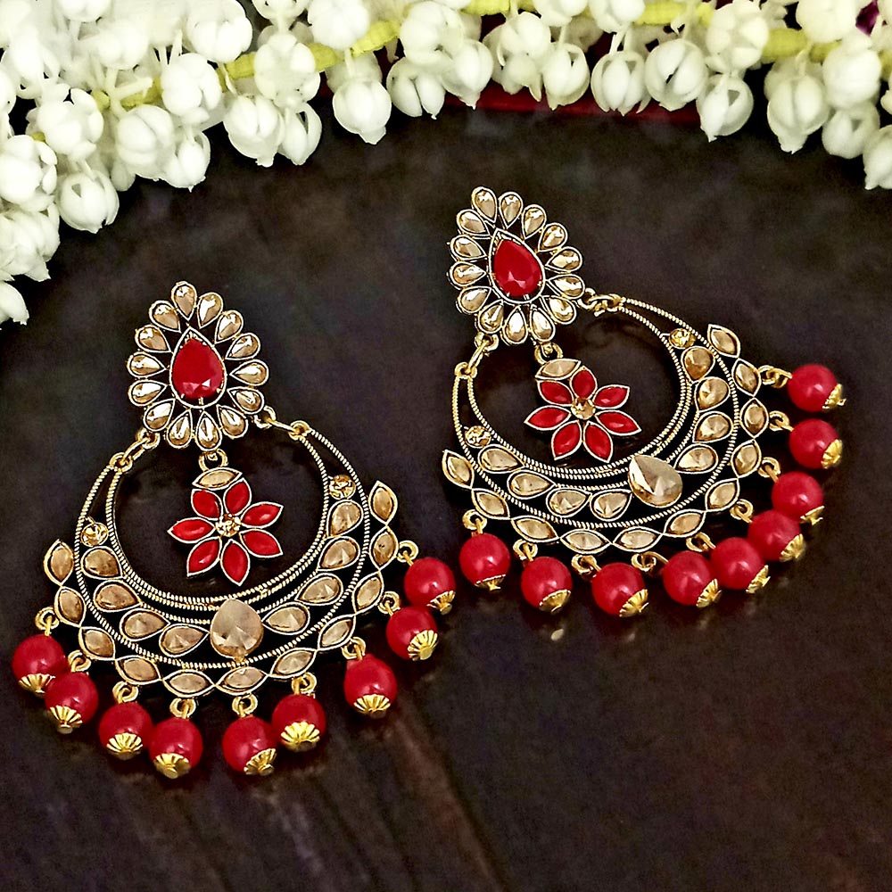 JD Arts Gold Plated Kundan Maroon Beads Dangler Earrings