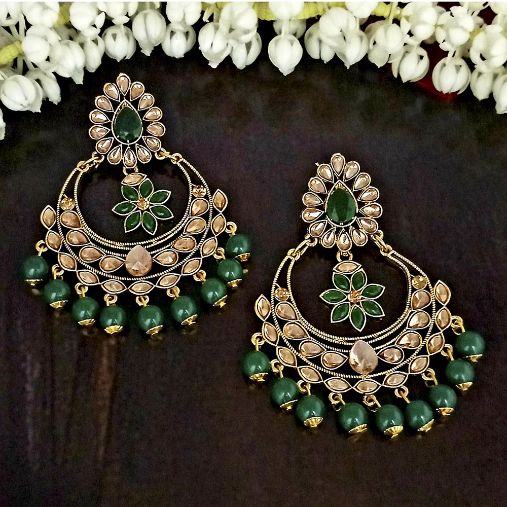JD Arts Gold Plated Kundan Green Beads Dangler Earrings