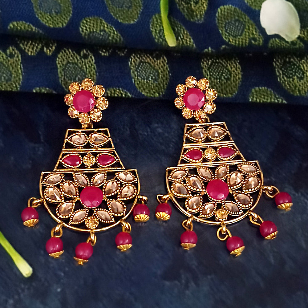 JD Arts Antique Gold Plated Kundan Pink Beads Dangler Earrings