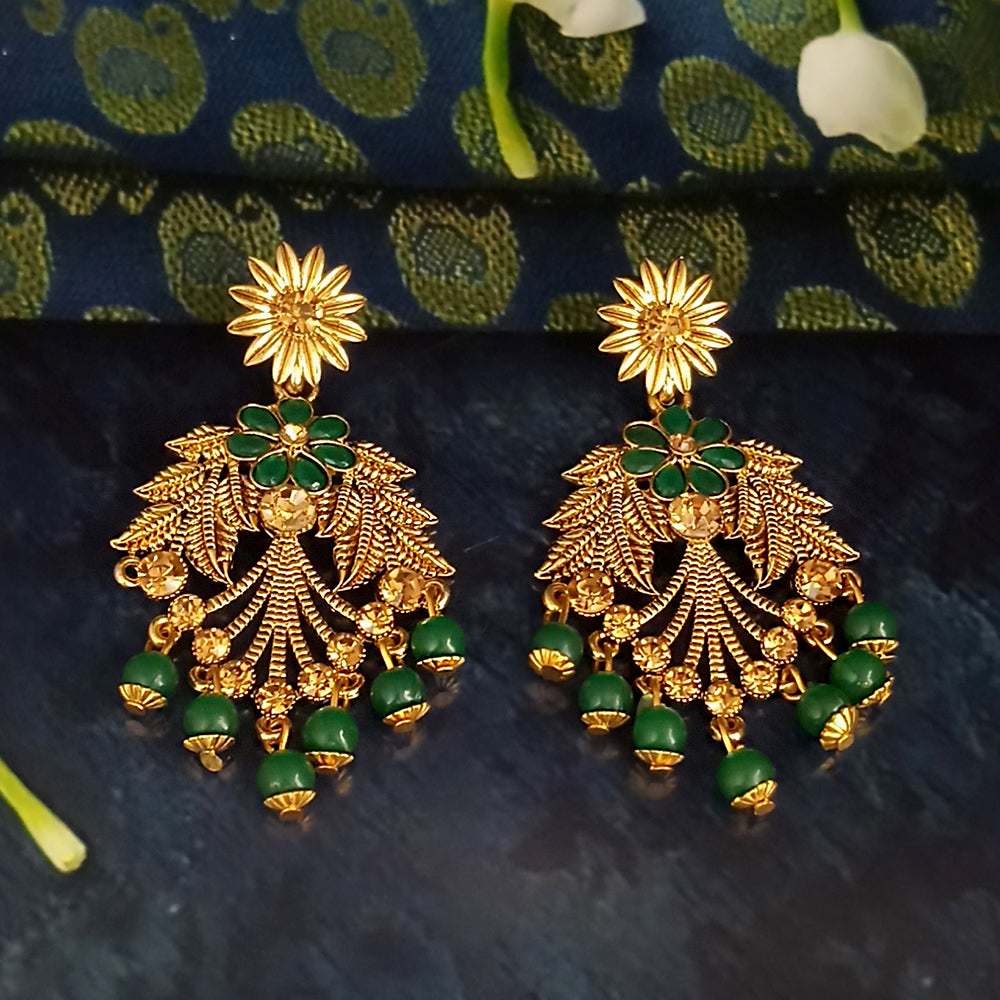 JD Arts Antique Gold Plated Kundan Green Beads Dangler Earrings