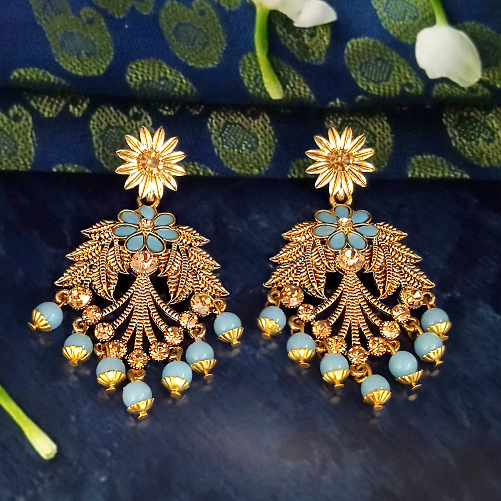 JD Arts Antique Gold Plated Kundan Blue Beads Dangler Earrings