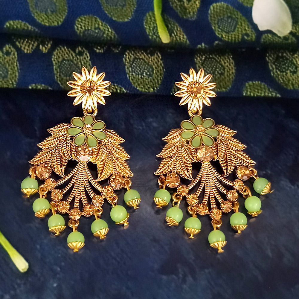 JD Arts Antique Gold Plated Kundan Green Beads Dangler Earrings