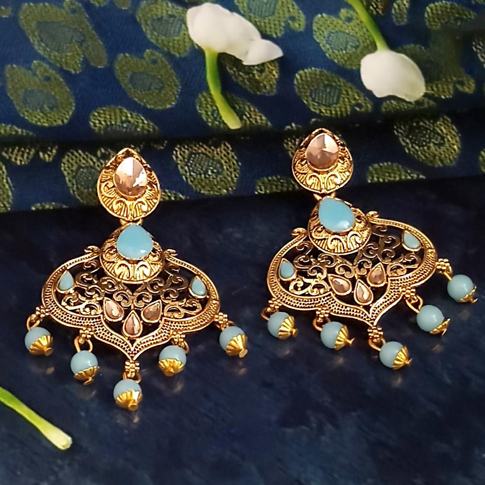 JD Arts Antique Gold Plated Kundan BLue Beads Dangler Earrings - 1317625E