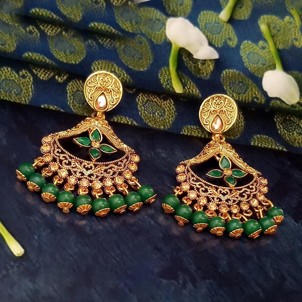 JD Arts Antique Gold Plated Kundan Green Beads Dangler Earrings