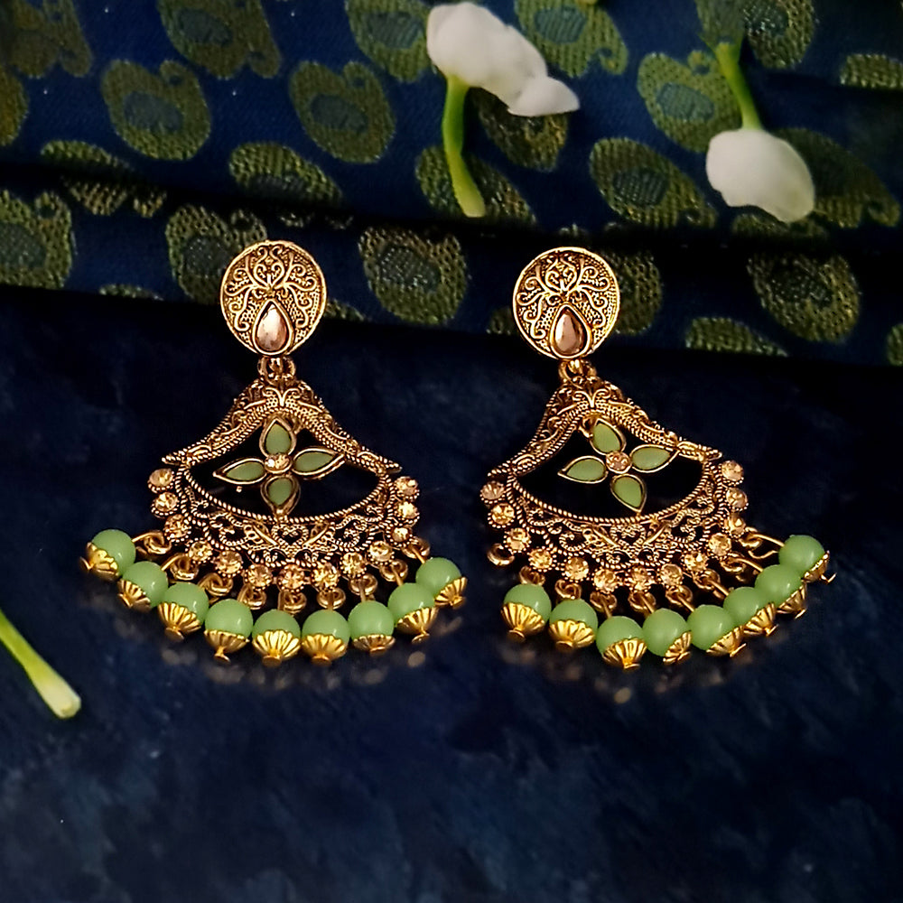 JD Arts Antique Gold Plated Kundan Green Beads Dangler Earrings
