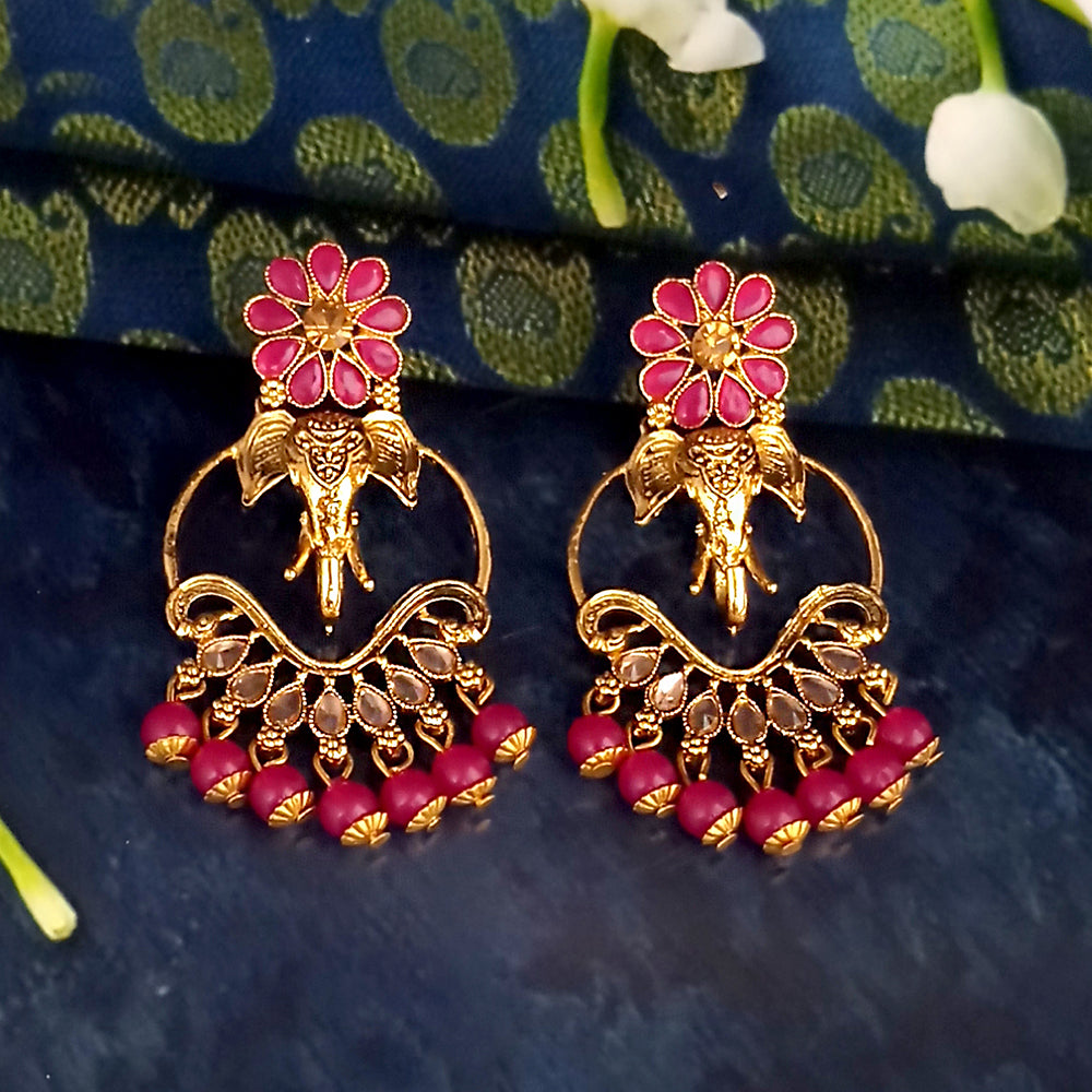JD Arts Antique Gold Plated Kundan Pink Beads Dangler Earrings
