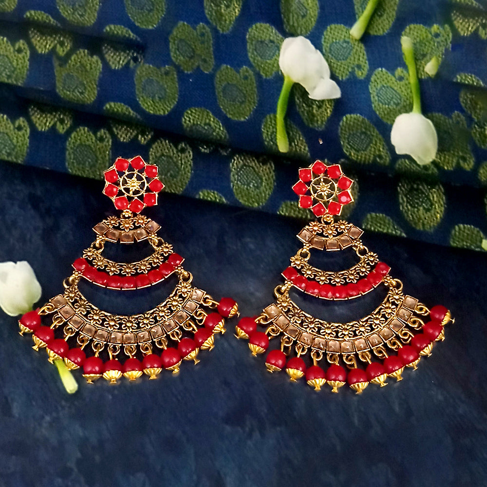 JD Arts Antique Gold Plated Kundan Red Beads Dangler Earrings