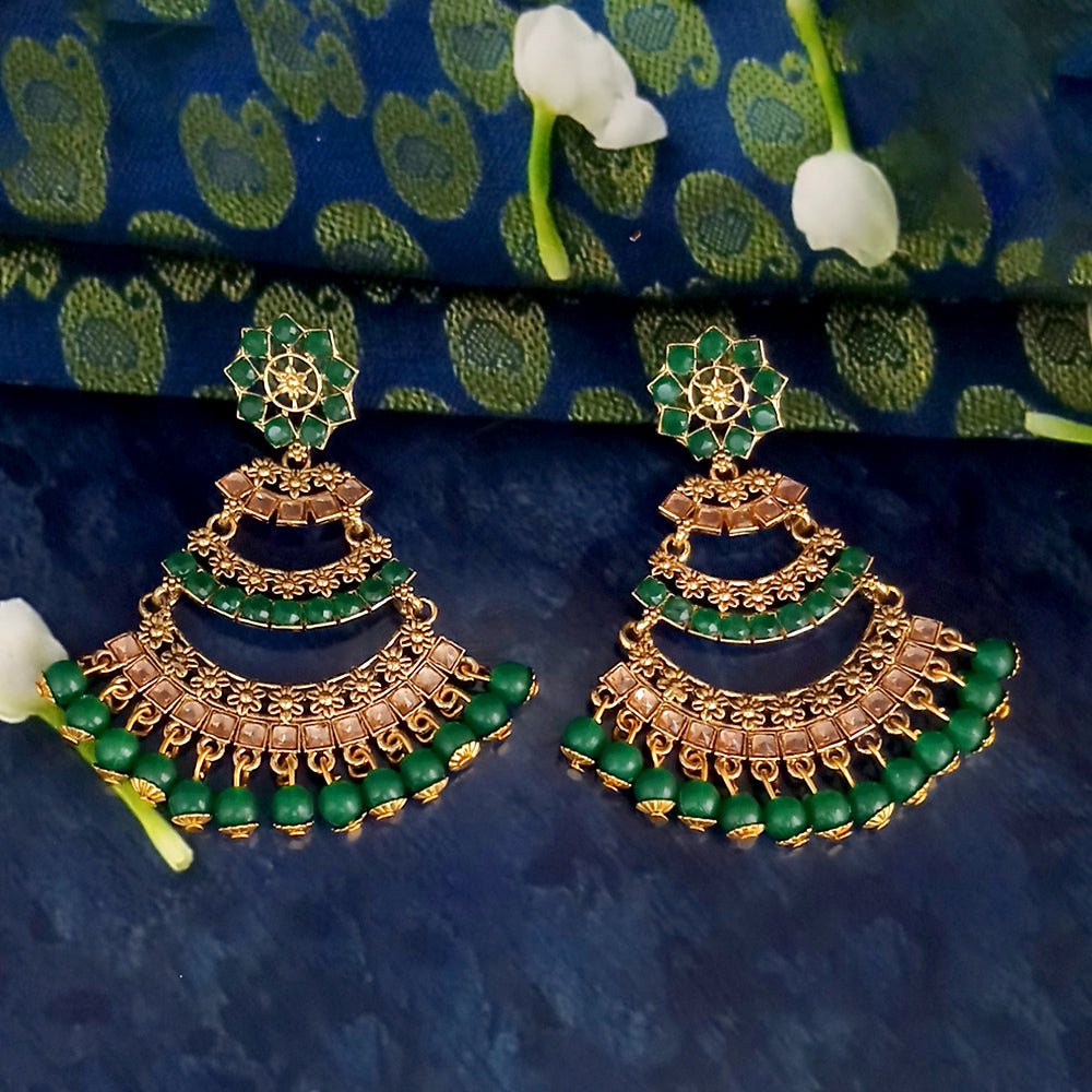 JD Arts Antique Gold Plated Kundan Green Beads Dangler Earrings