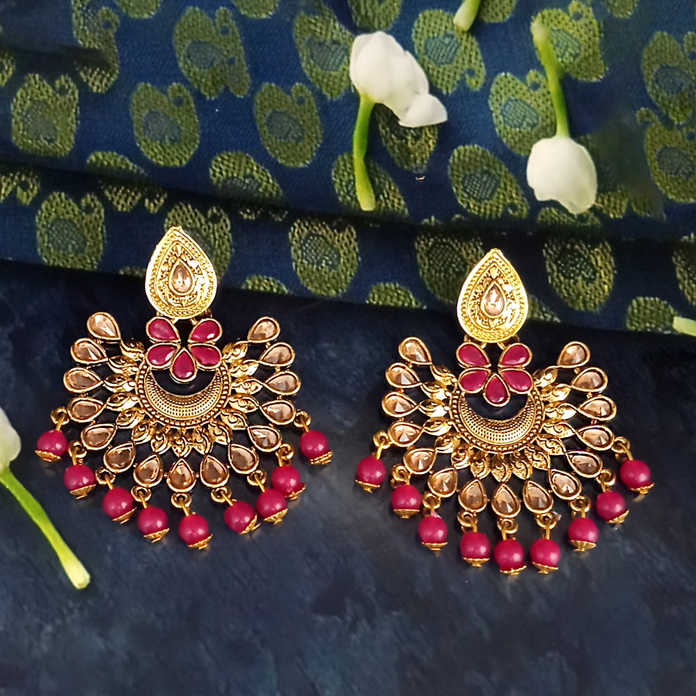 JD Arts Antique Gold Plated Kundan Pink Beads Dangler Earrings