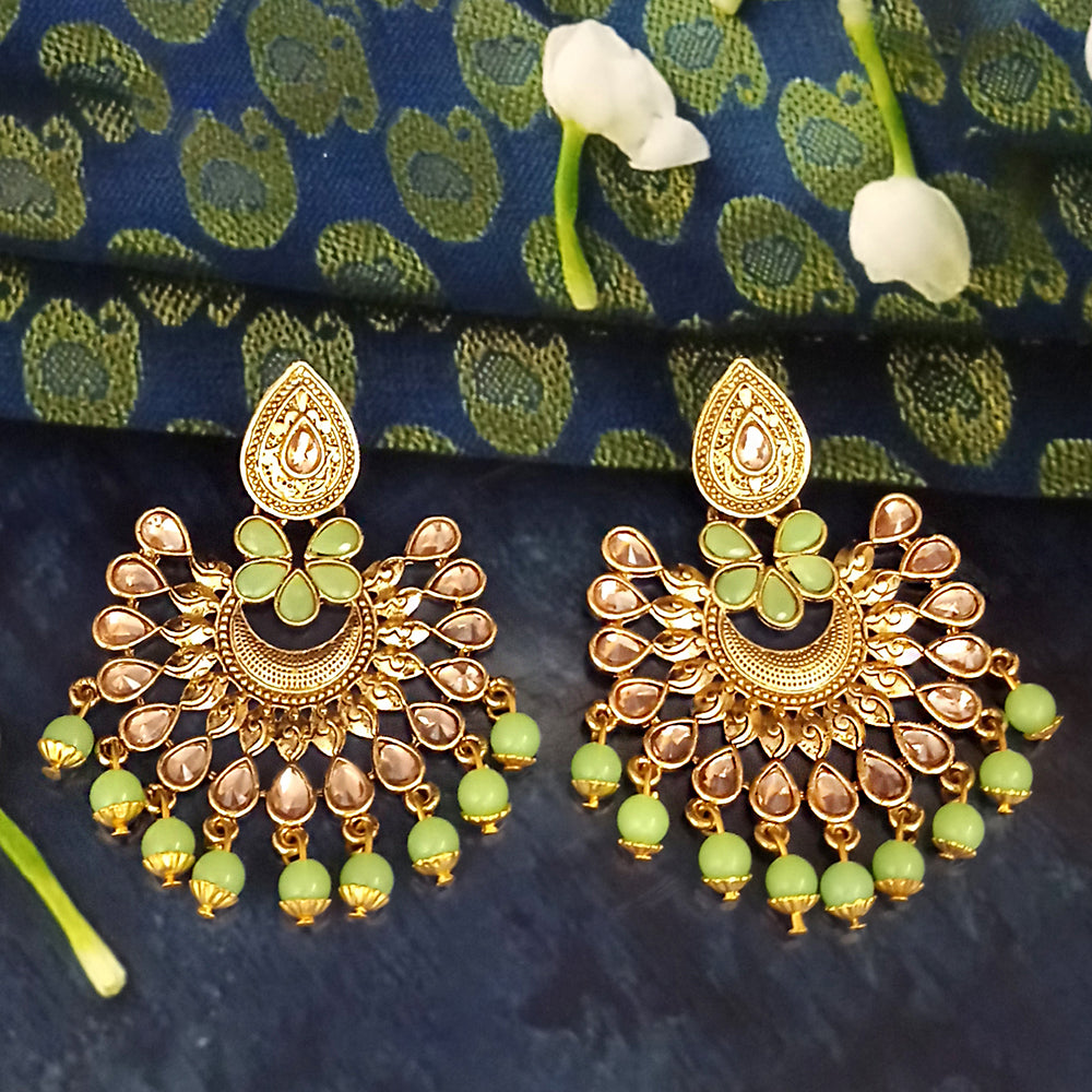 JD Arts Antique Gold Plated Kundan Green Beads Dangler Earrings