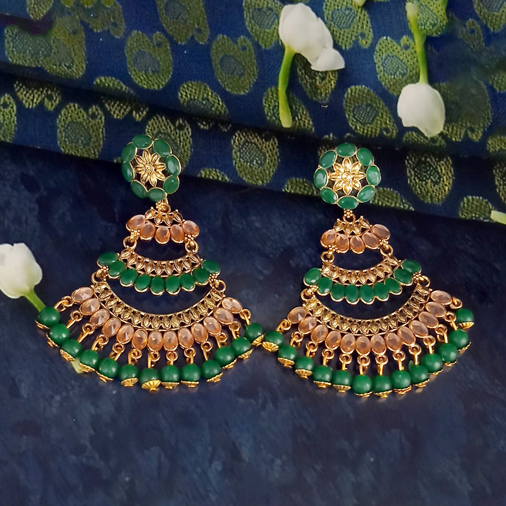 JD Arts Antique Gold Plated Kundan Green Beads Dangler Earrings