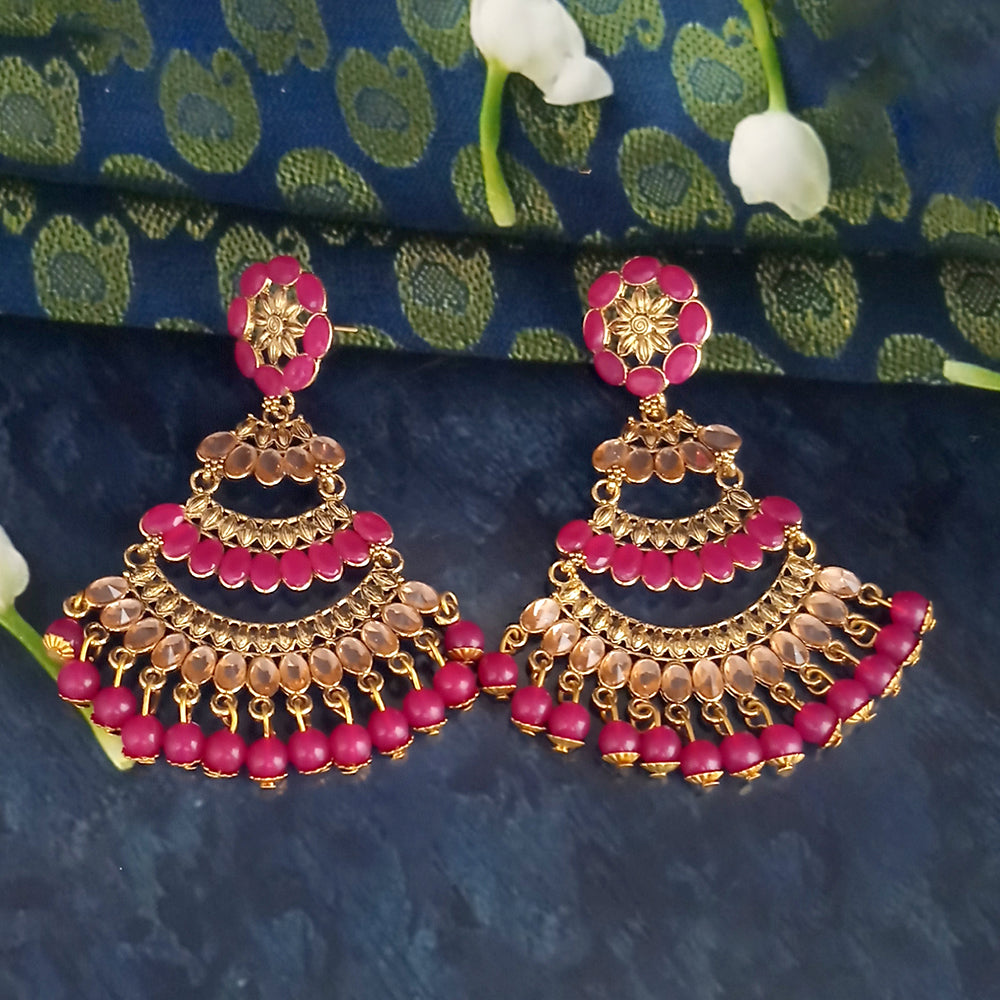 JD Arts Antique Gold Plated Kundan Pink Beads Dangler Earrings