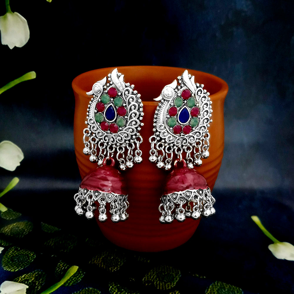 JewelJunk Maroon Oxidized Plated Jhumka