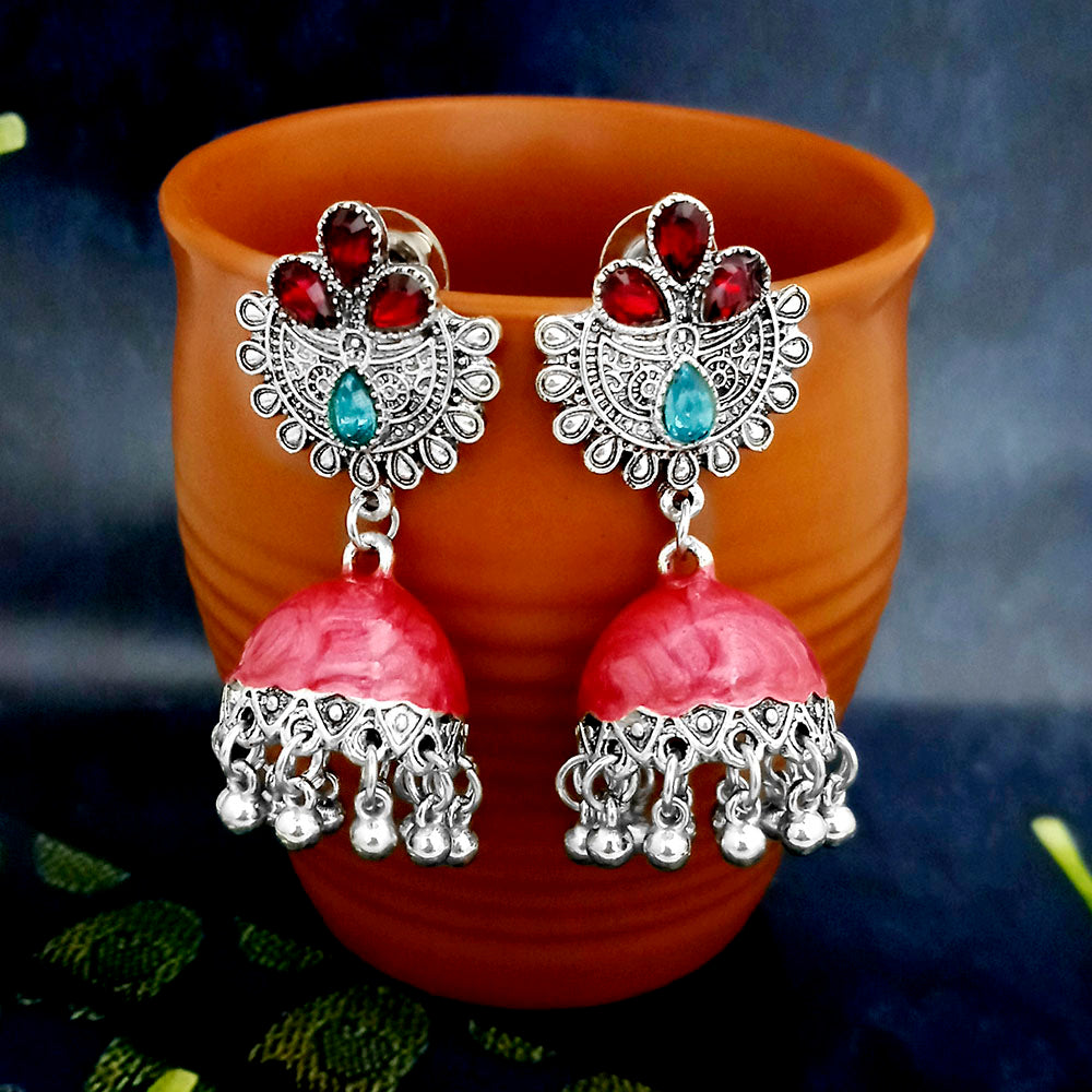 JewelJunk Maroon Oxidized Plated Jhumka