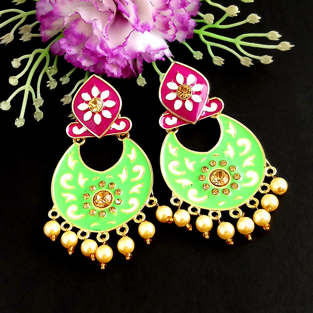 Woma Kundan Green Meenakari Dangler Earrings