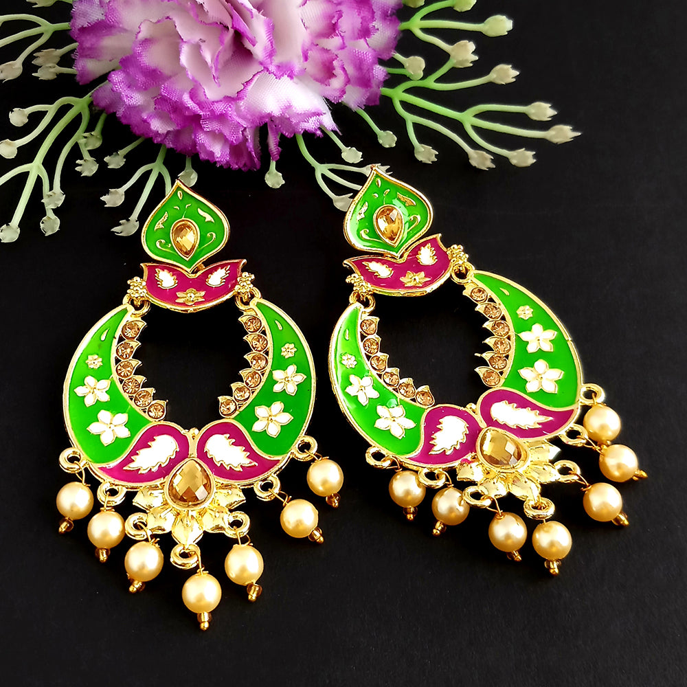 Woma Kundan Green Meenakari Dangler Earrings