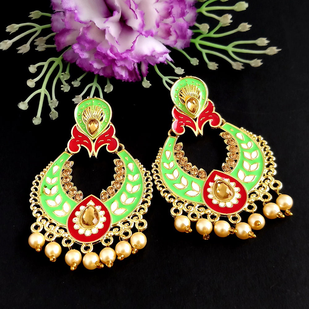 Woma Kundan Green Meenakari Dangler Earrings