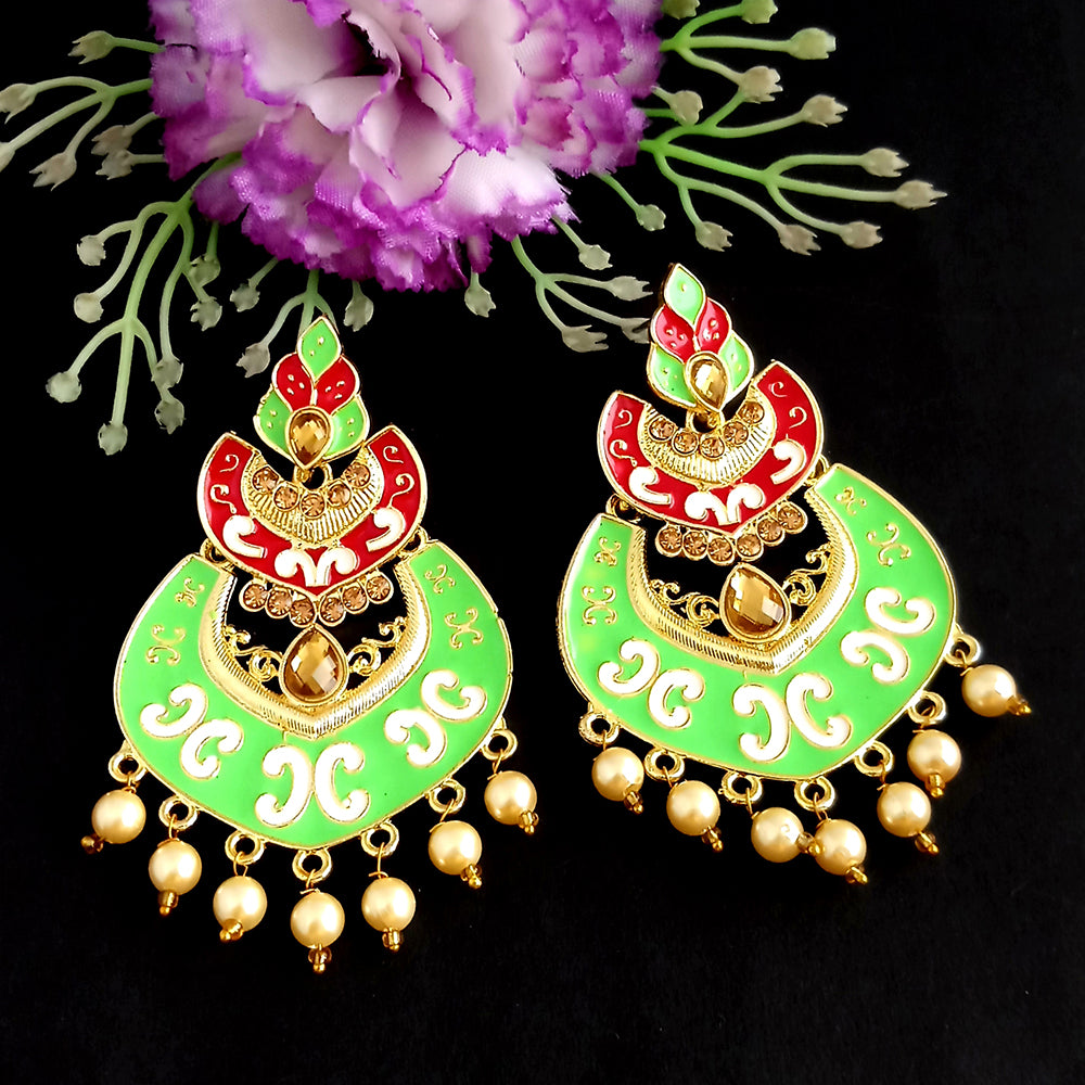 Woma Kundan Green Meenakari Dangler Earrings