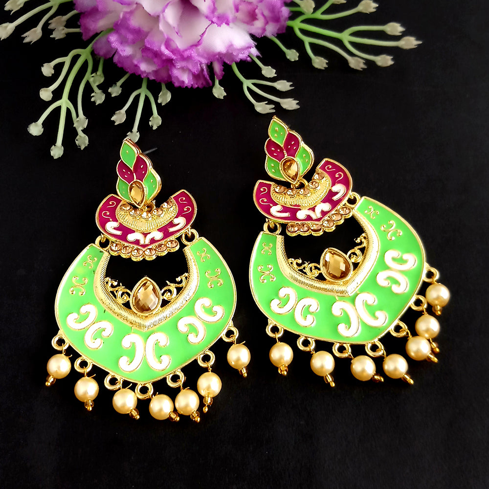 Woma Kundan Green Meenakari Dangler Earrings