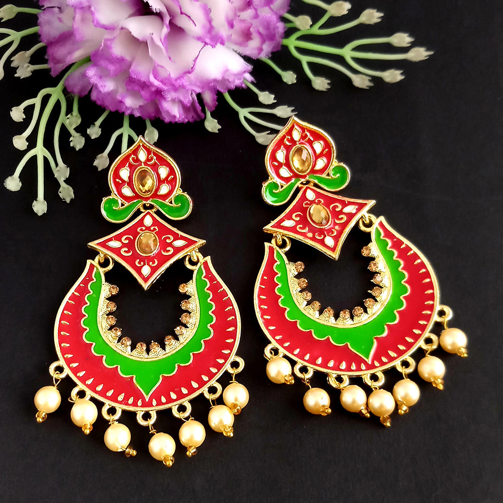 Woma Kundan Green and Red Meenakari Dangler Earrings