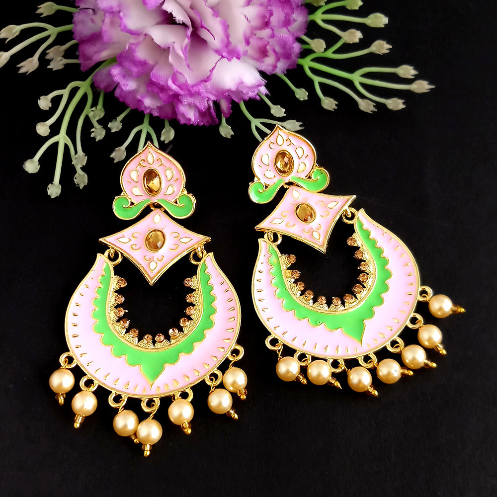 Woma Kundan Pink and Green Meenakari Dangler Earrings