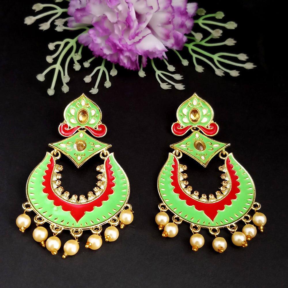 Woma Kundan Green Meenakari Dangler Earrings
