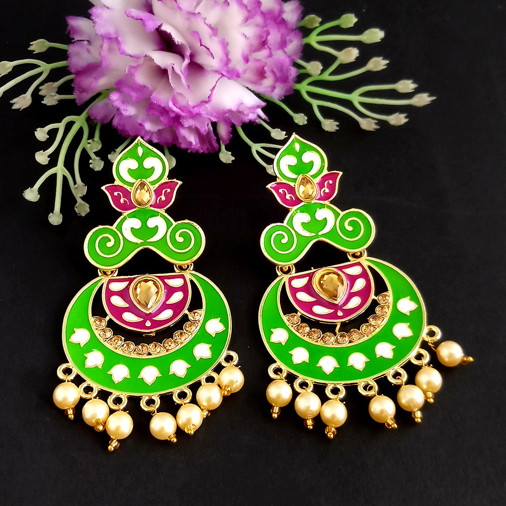 Woma Kundan Green Meenakari Dangler Earrings