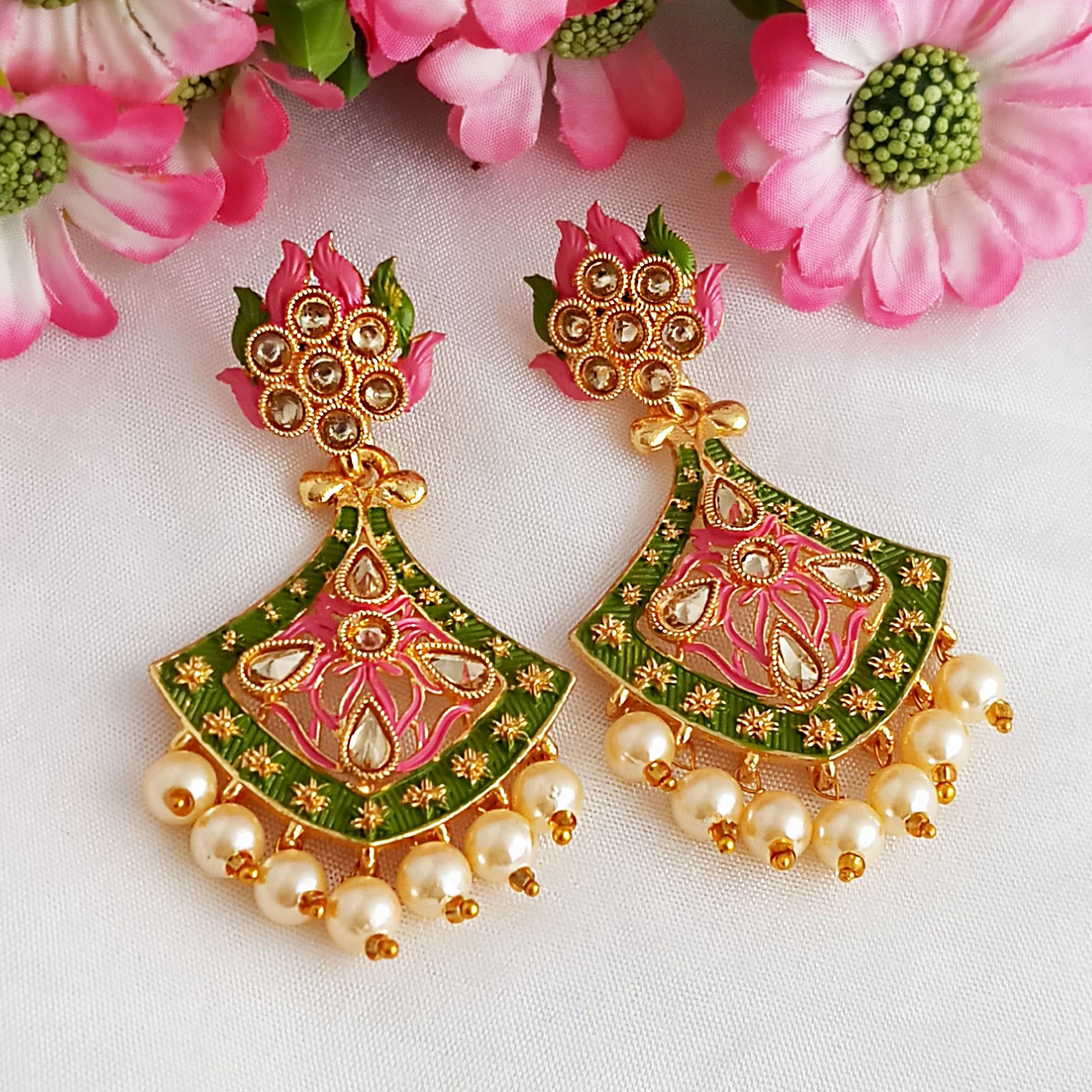 Woma Gold Plated Matte Green Meenakari Kundan Earrings