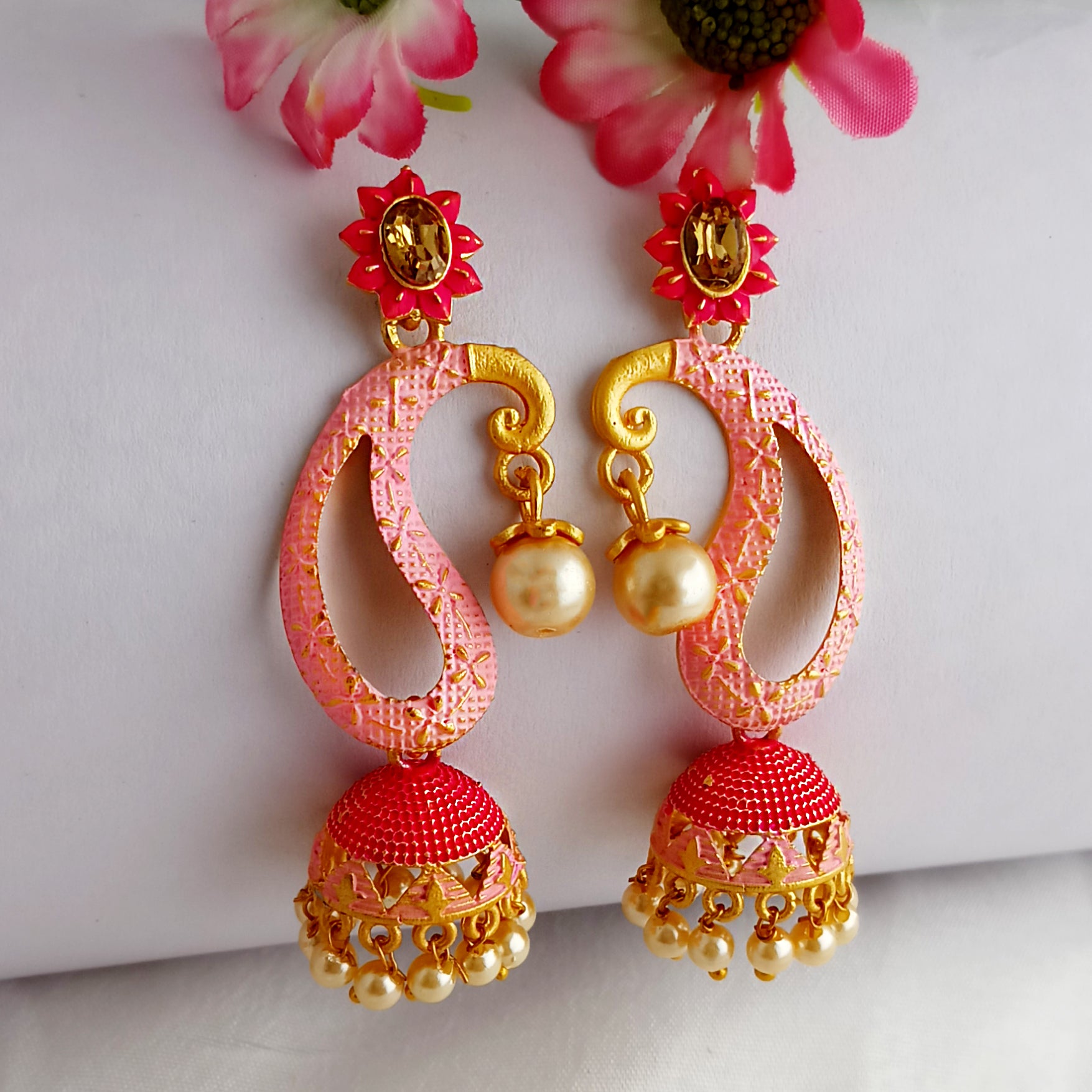 Woma Gold Plated Matte Peach Meenakari Jhumka Earrings