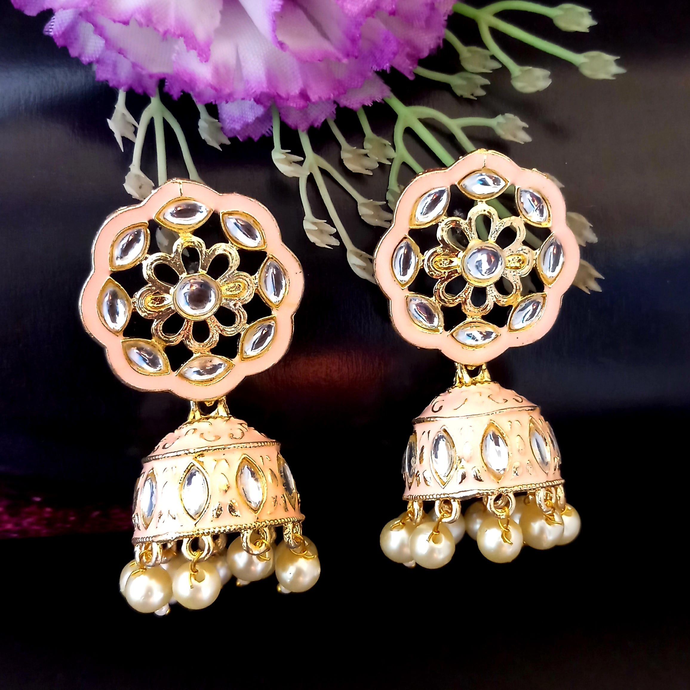 PARSHWAM Peach Glossy Meenakari Pearl Drop Jhumki