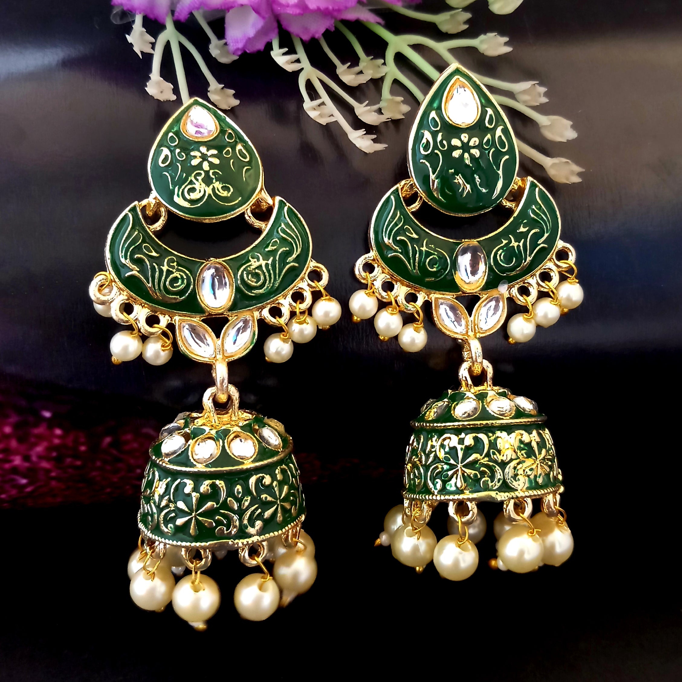 PARSHWAM Dark Green Glossy Meenakari Pearl Drop Jhumki