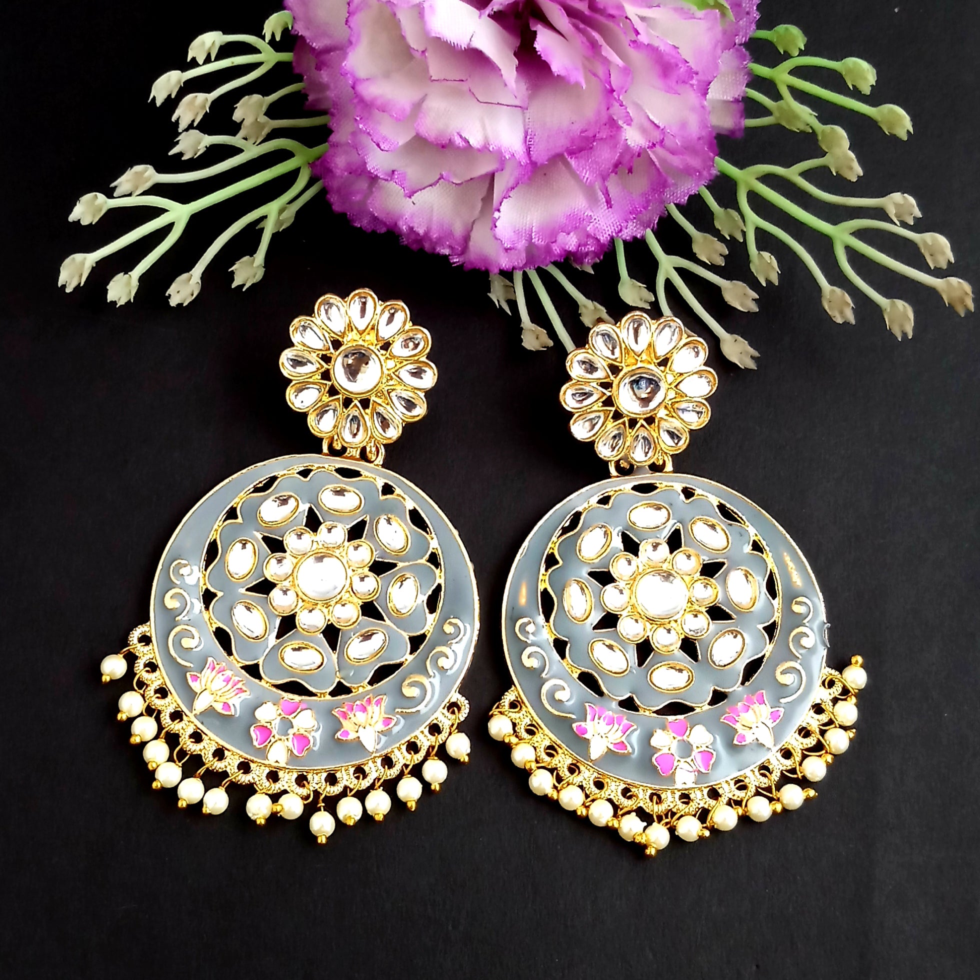PARSHWAM Grey Glossy Meenakari Pearl Drop Jhumki